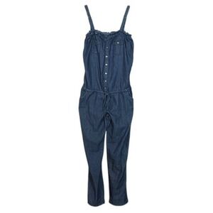 Chesley Denim Jumpsuit L Button Front Drawstring Waist Sleeveless Romper